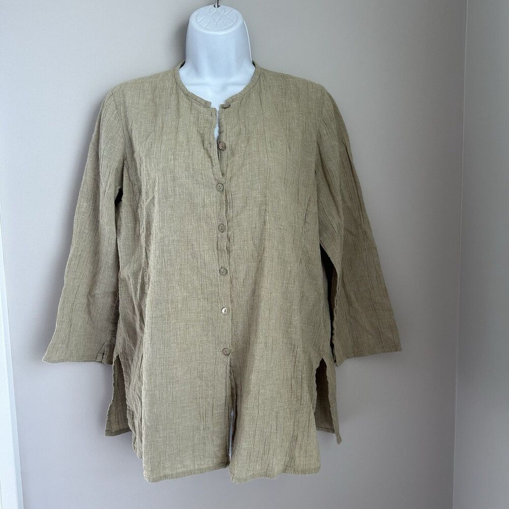 EILEEN FISHER Shirt Petite Medium Organic Cotton Crinkle Gauze Button Up Minimal